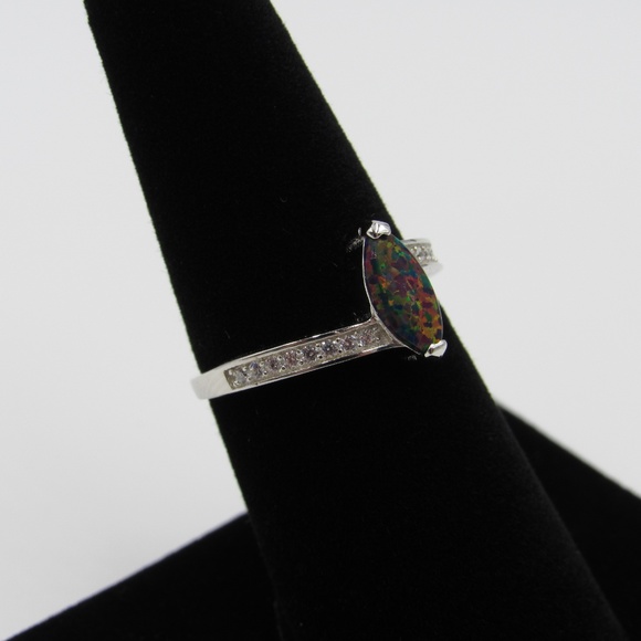 Sterling Silver Black Opal & CZ Diamond Band Ring - Picture 3 of 5